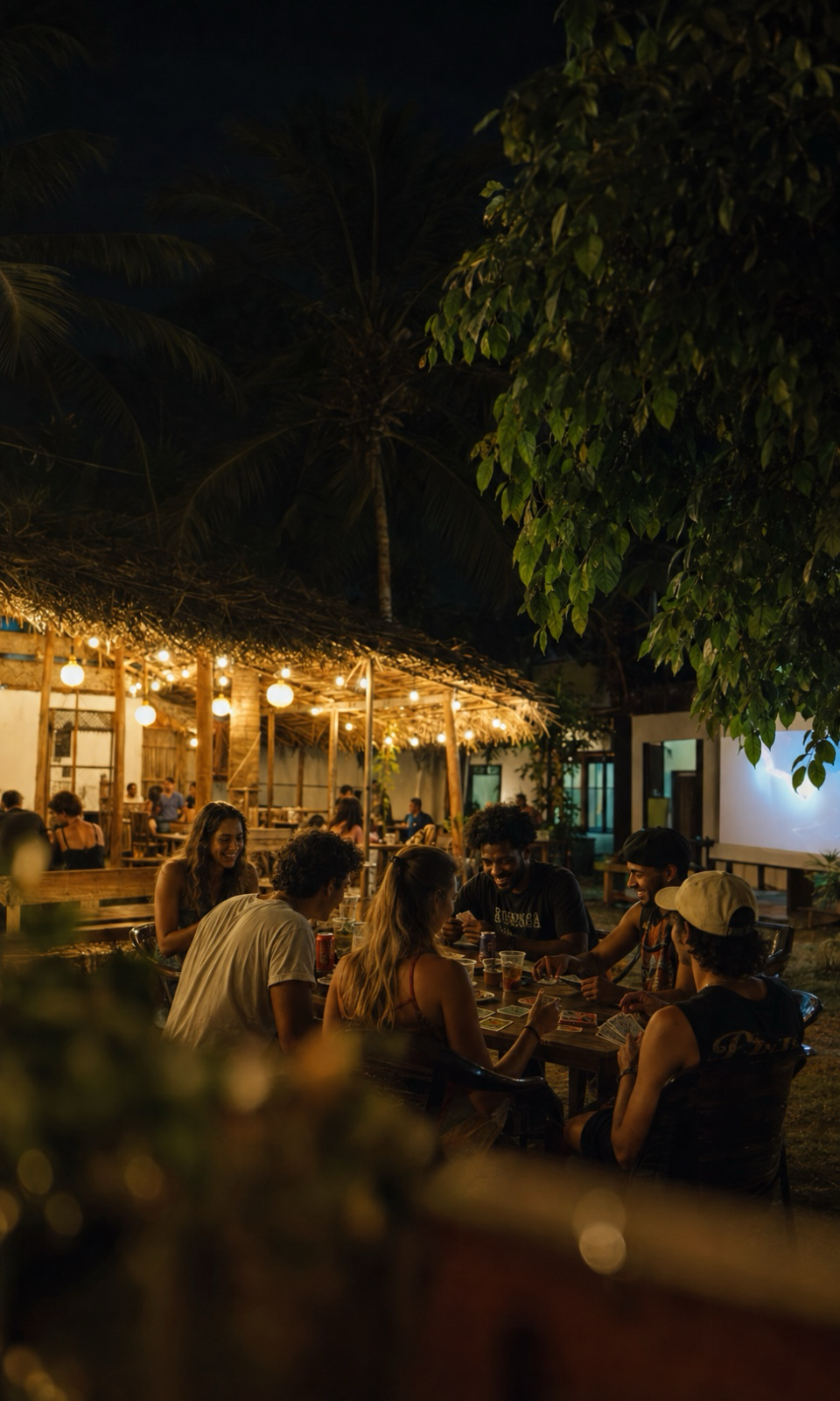 Guests playing cards at the long table under string lights at night