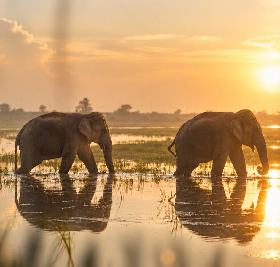 Elephants at golden hour